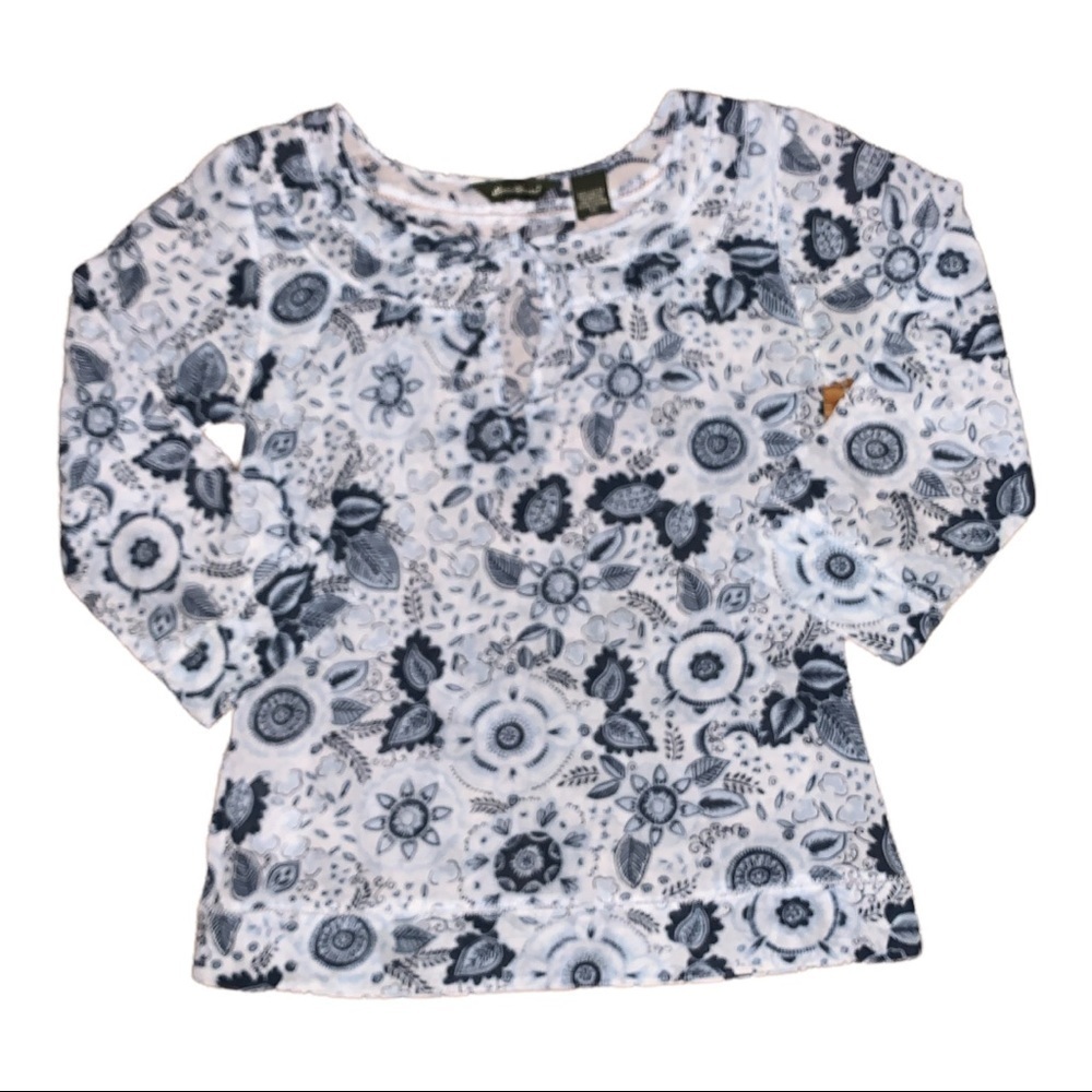 Eddie Bauer top size xs paisley white blue floral 3/4 sleeves